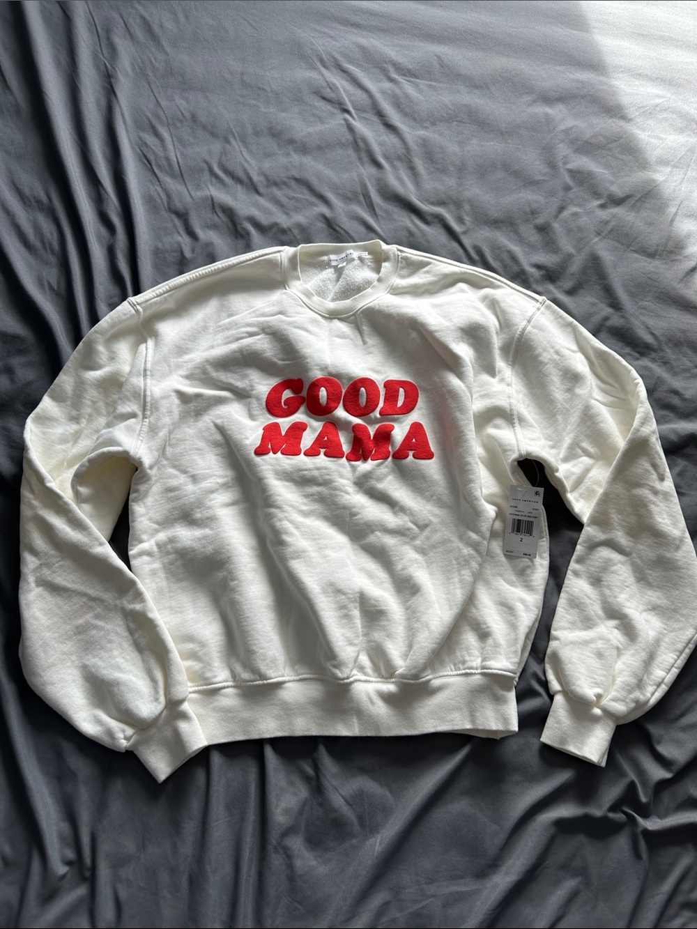 Good American White Crewneck Sweatshirt with Red 'GOOD MAMA' Appliqué
